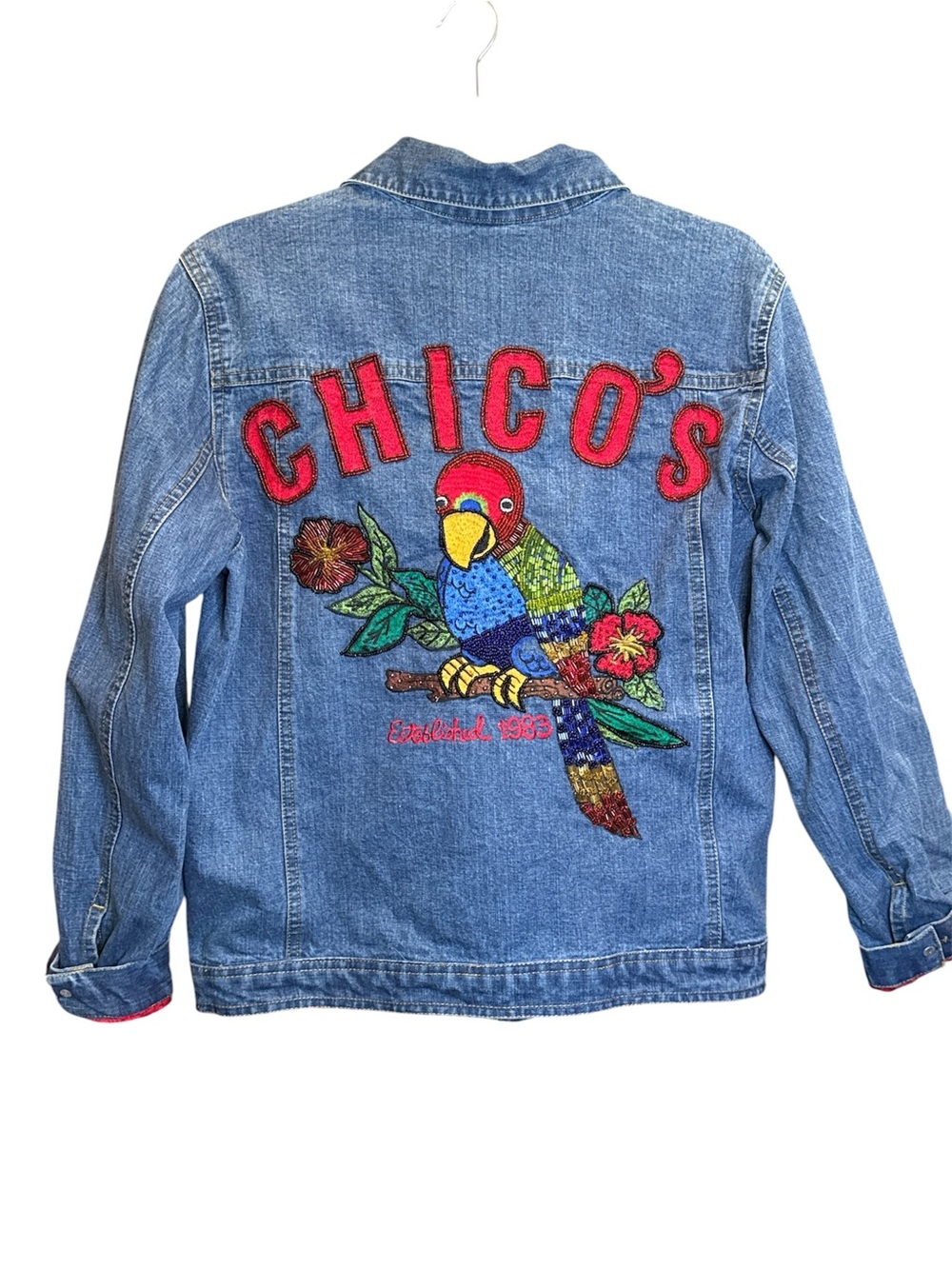 Chico's Anniversary Denim Jacket with Beaded Design and Silk Lining